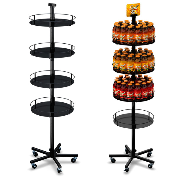 Heavyweight Floor Display Stand with 4 Round Metal Trays (5-Leg Caster Base)