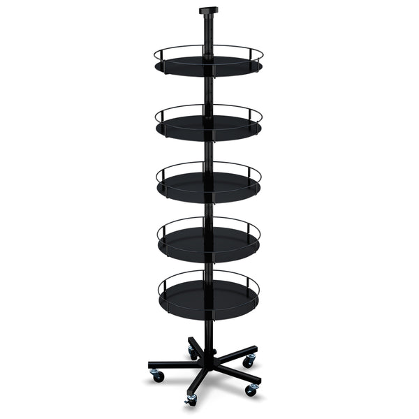 Heavyweight Floor Display Stand with 5 Round Metal Trays (5-Leg Caster Base)